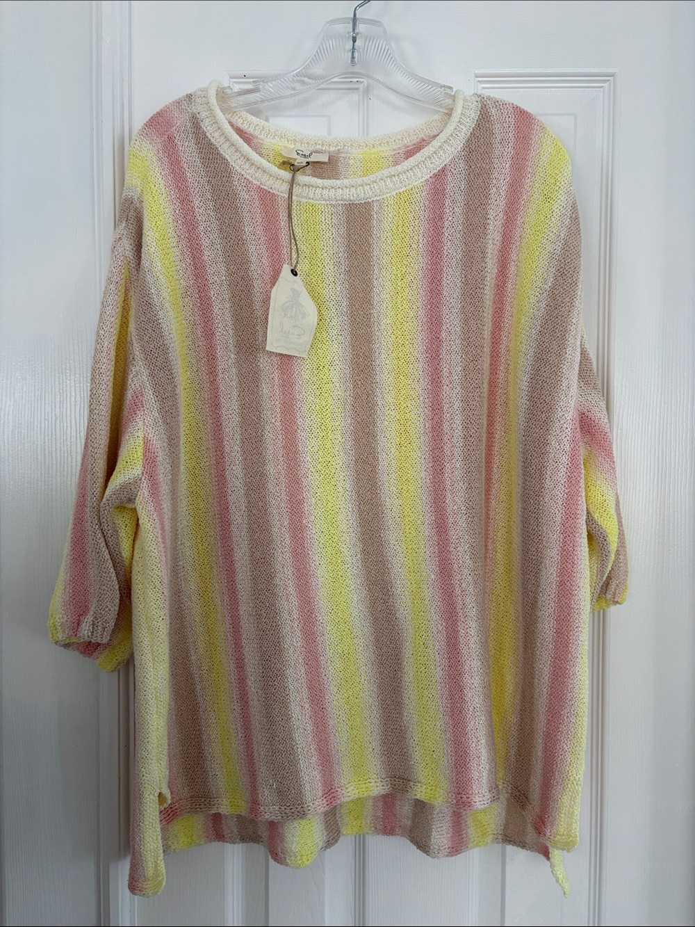 Easel bright yellow Pastel Stripe Knit oversized short sleeve large Sweater NWT